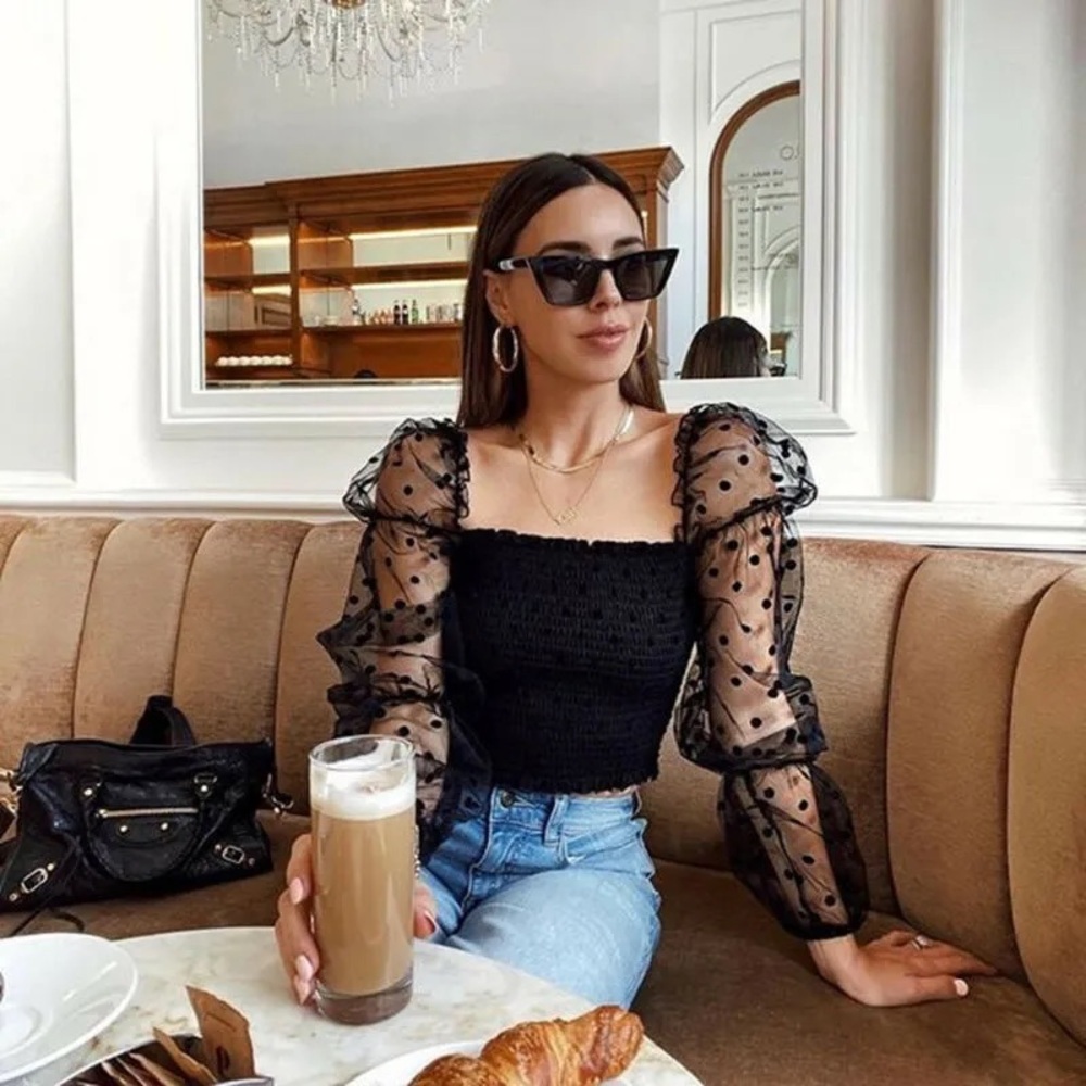 Ambiance Black Chiffon Mesh Sheer Polka Dot Long Sleeves, Sheer Back